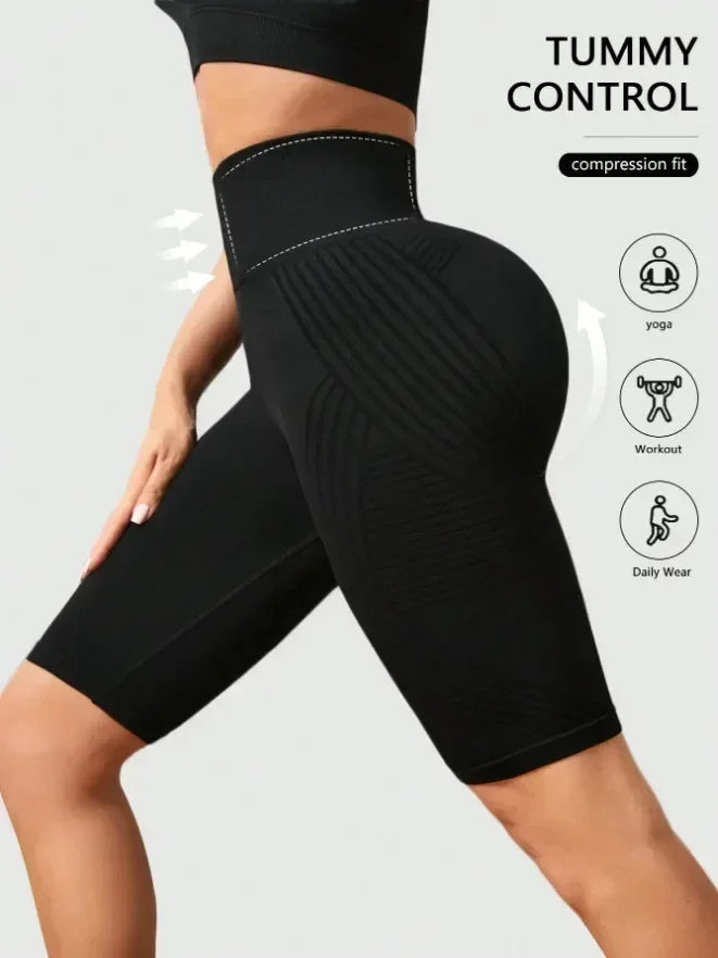 Women‘s Seamless Yoga Shorts High Waisted Striped Slim Shorts Sexy Butt Lifting Gym Trainning High Elastic Five Point Pants