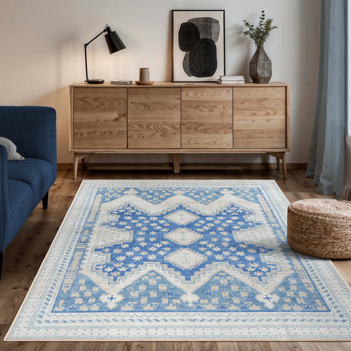 Beige Blue Boho Oushak Washable Rug