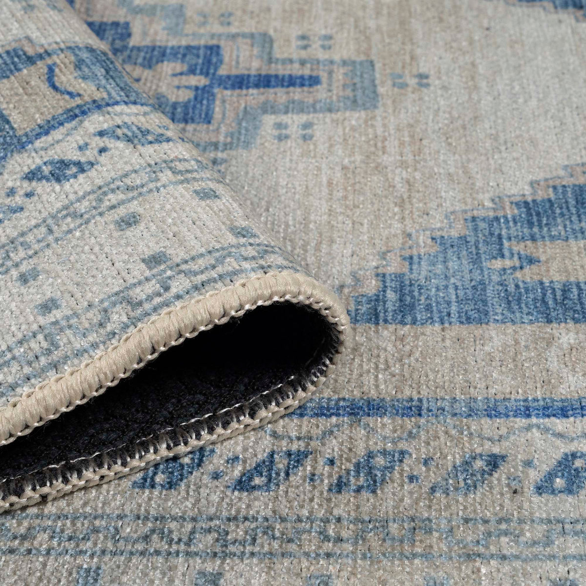 Beige Blue Boho Oushak Washable Rug