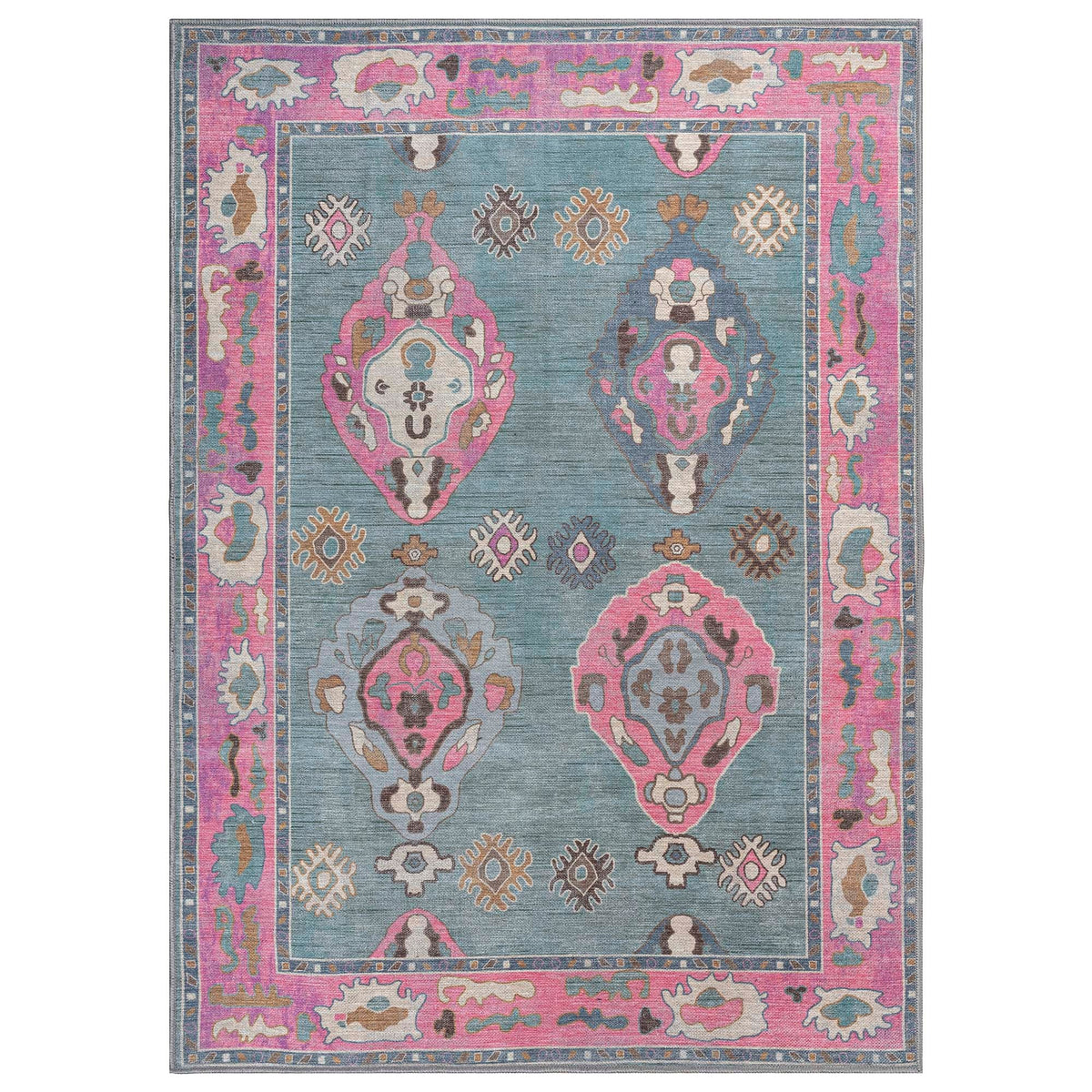Green Pink Oushak Washable Rug