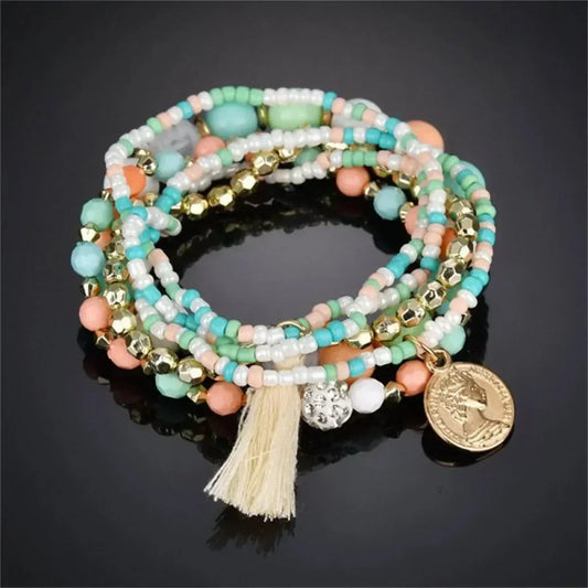 Bohemia Crystal Tassel Multicolor Beads Bracelets For Women Handmade Elastic Rope Charm Wrap Bracelet Summer Beach Party Jewelry