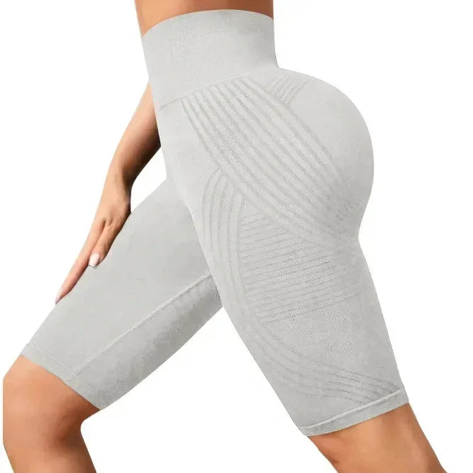 Women‘s Seamless Yoga Shorts High Waisted Striped Slim Shorts Sexy Butt Lifting Gym Trainning High Elastic Five Point Pants